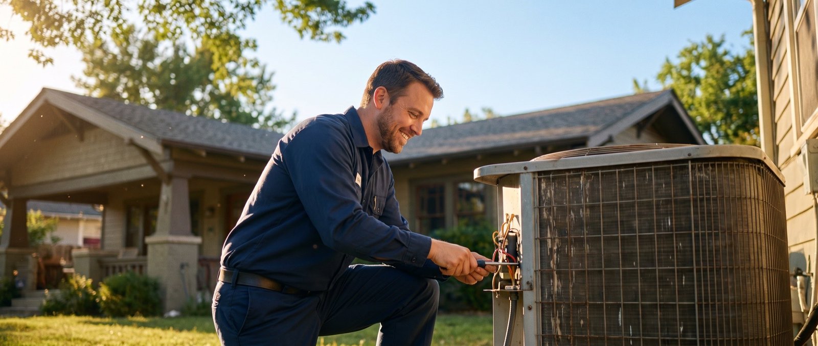 HVAC technician servicing a residential air conditioning unit